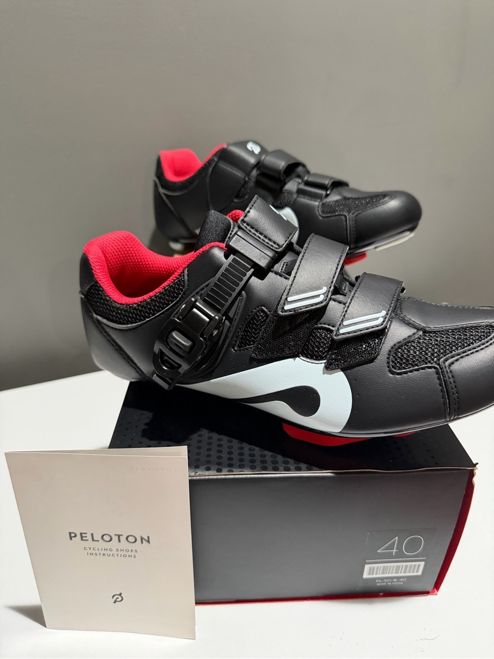 Peloton Women’s Black Cycling Shoes with Red Lining and White Swoosh